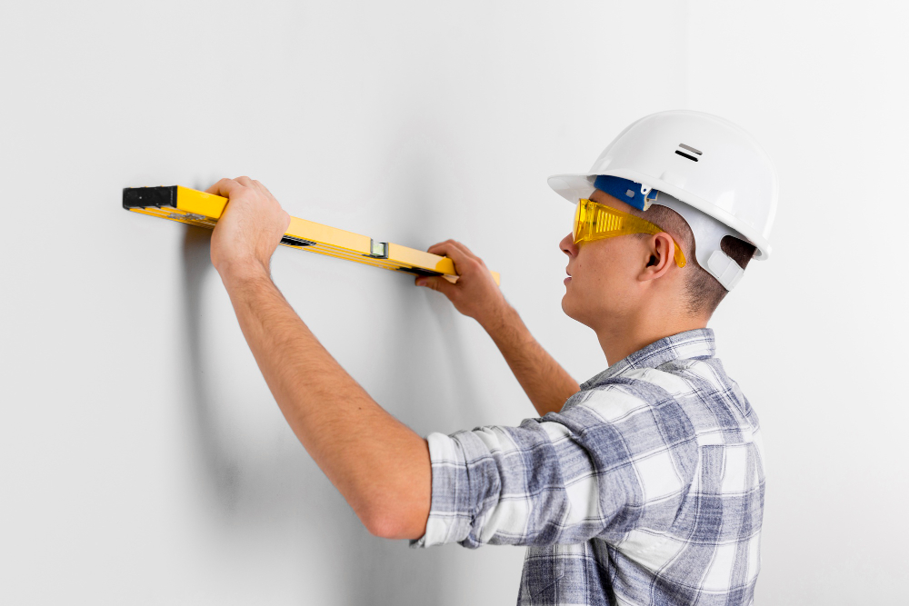 Finishing drywall job using a level for perfect install